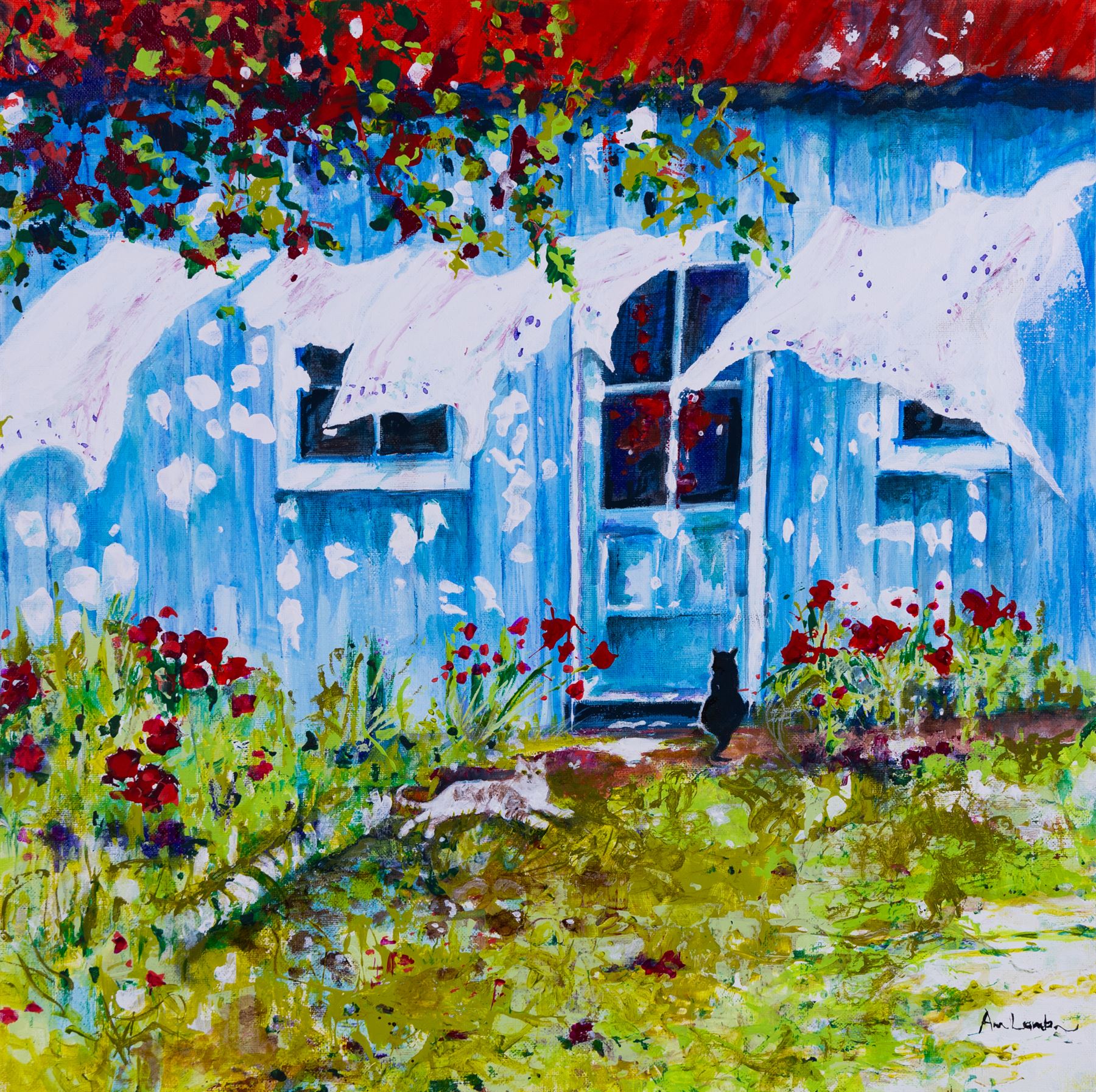 Ann Lamb (British 1955-): Wash Day, acrylic on canvas signed 50cm x 50cm (unframed)