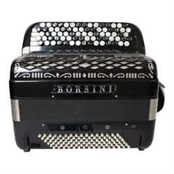 Borsini Professional 5-Row Chromatic button accordion, with 92 white pearlescent chromatic buttons and 136 bass buttons, possibly a custom model, in black high gloss case, with carry strap and original hard carrycase
