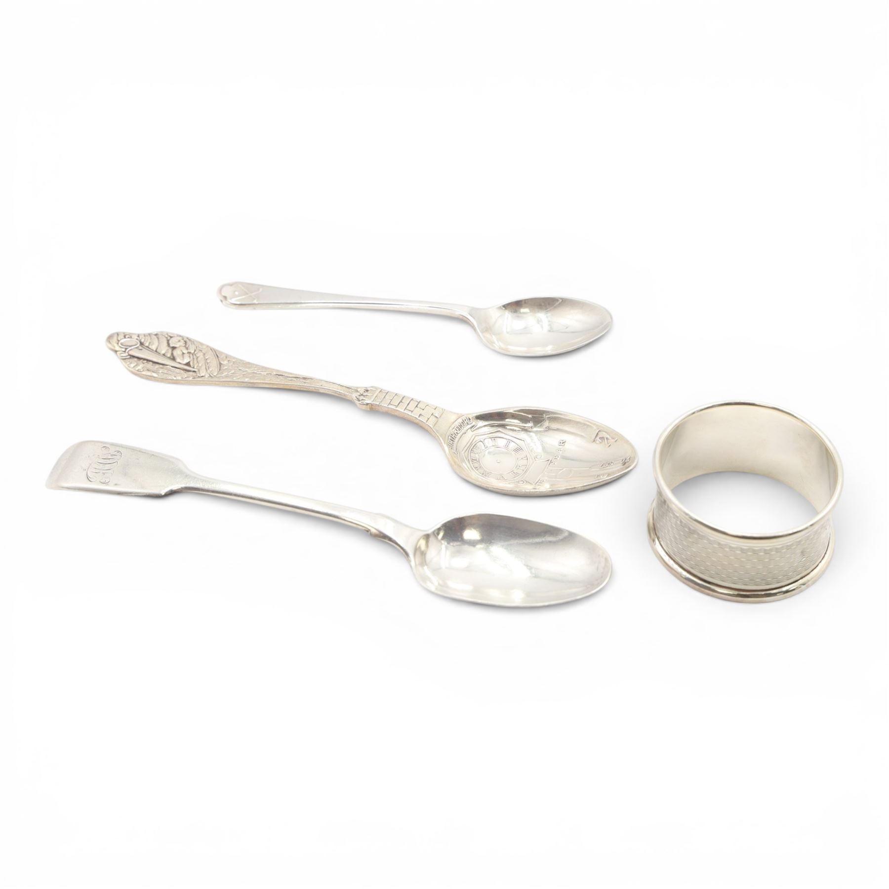 Silver christening spoon, together with two other silver spoons and napkin ring, all hallmarked 