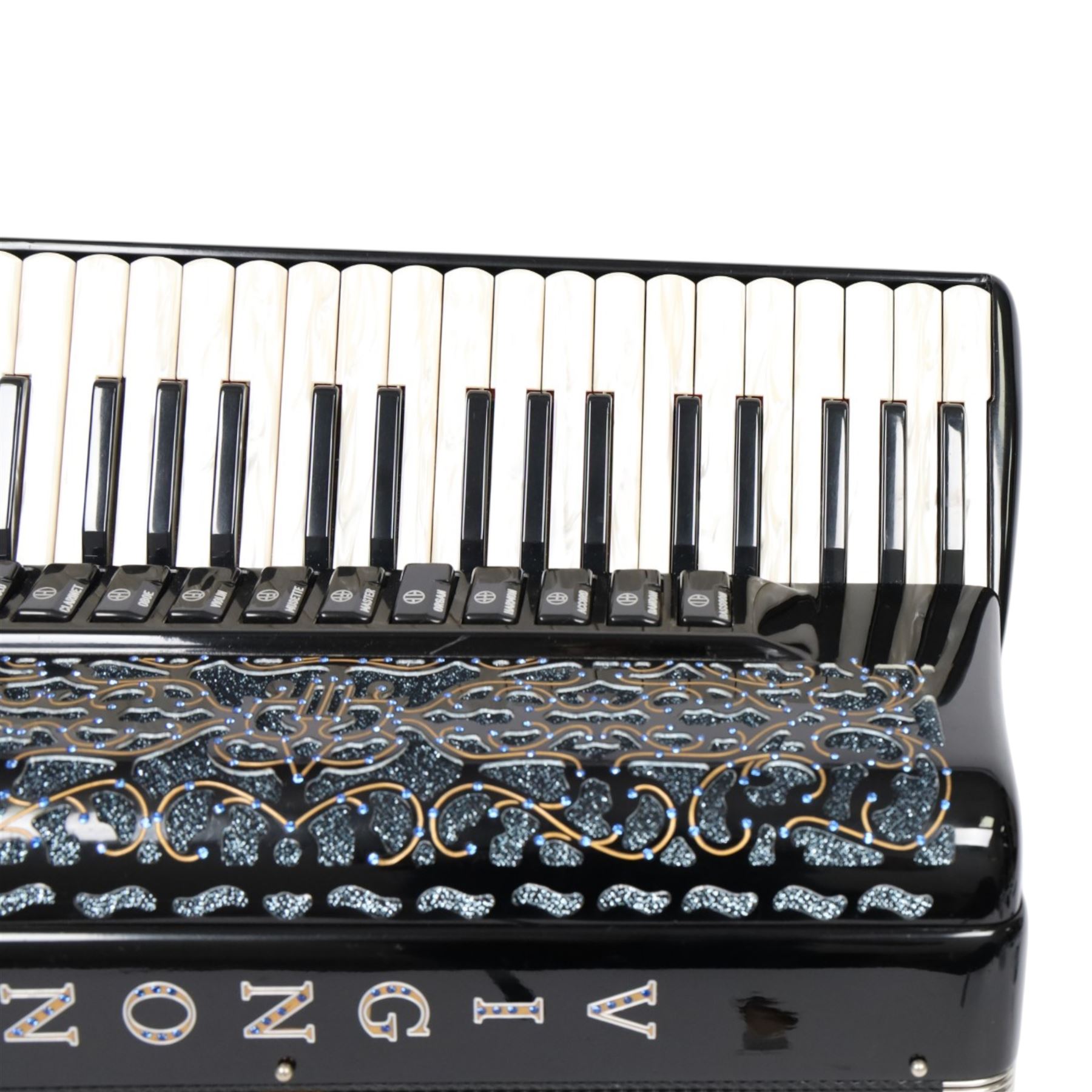 Vignoni Philharmonic II basso piano accordion, with 41 keys, possibly a custom model,  the black high gloss case with carrying strap and in fitted case with grey faux fur interior