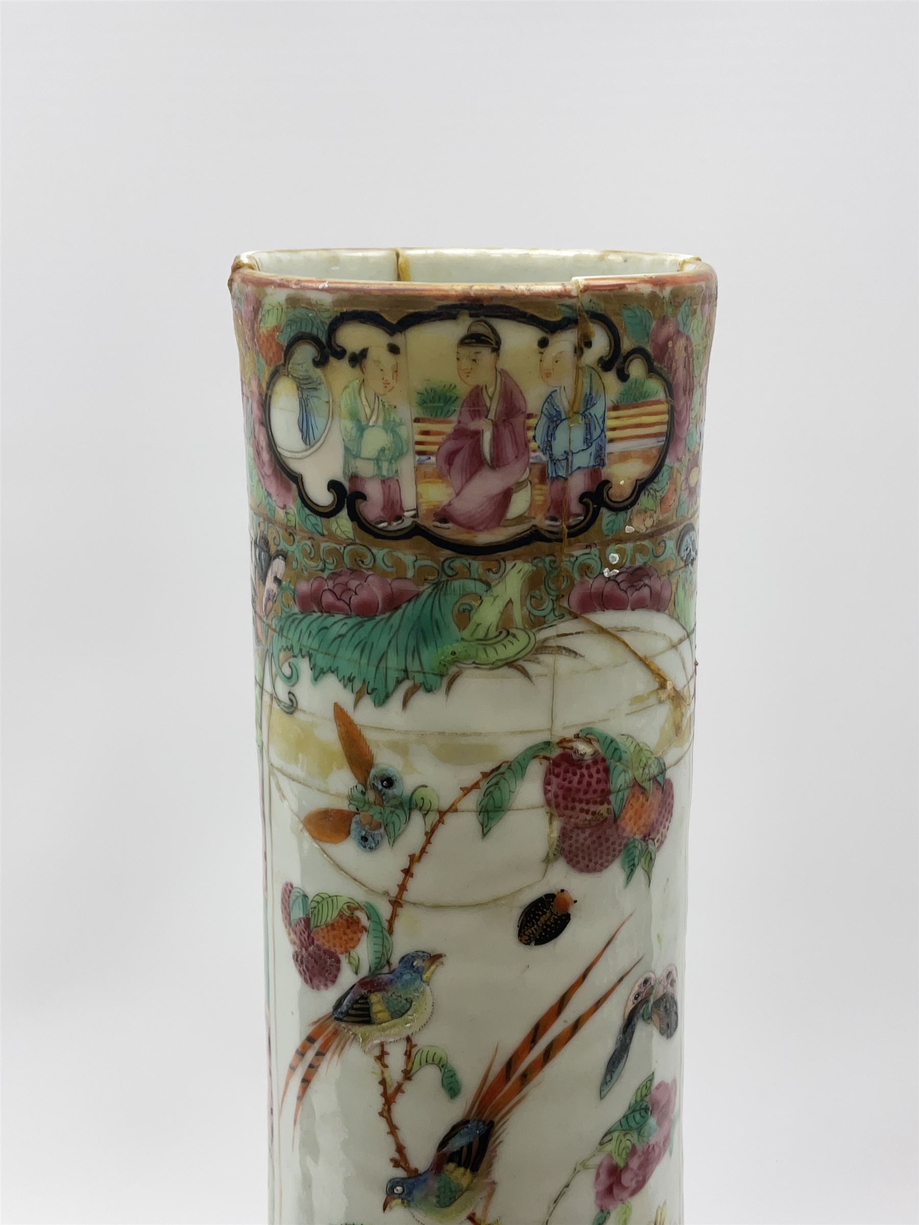 A 19th century Chinese Canton Famille Rose vase, of globular form with tall neck, and cover with finial, decorated with alternating panels of figural scenes, and birds and butterflies amongst blossoming and fruiting trees, with foliate surround against gilt, overall H57cm. 