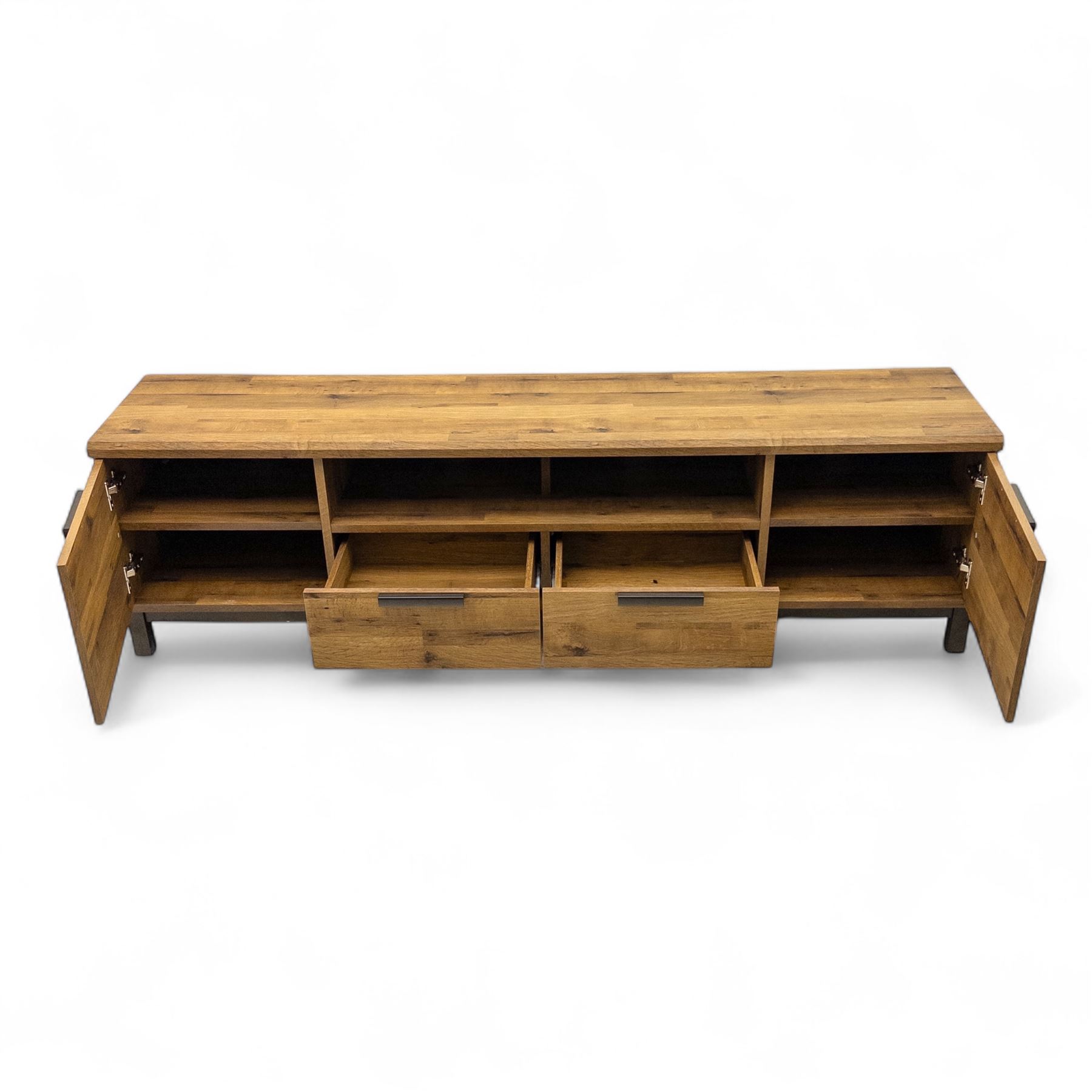 Pair of contemporary media sideboards, oak effect construction with inset handles, comprising two drawers and an open shelf flanked by cupboard doors, on metal supports (2)