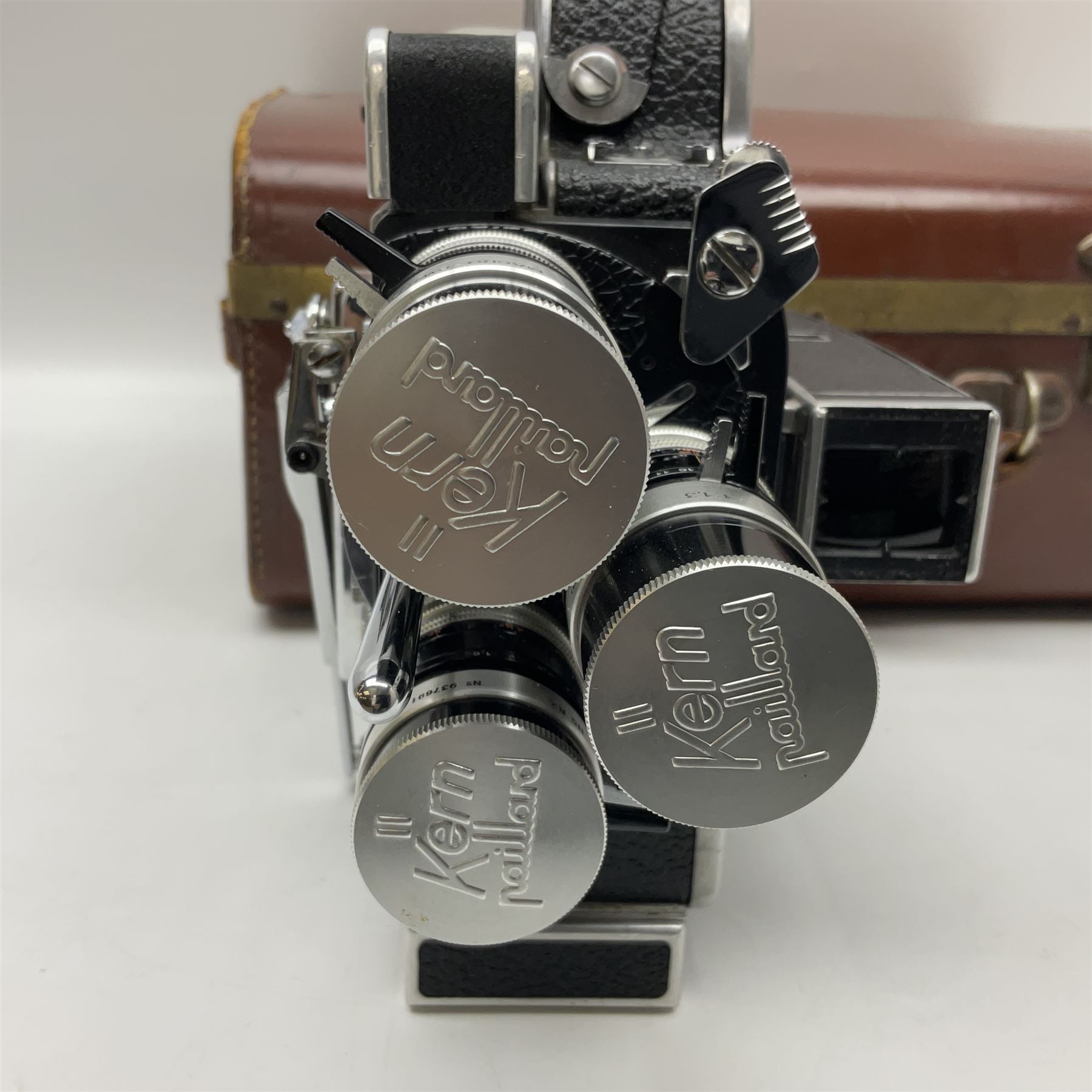 Paillard Bolex H8 RX4 cine camera body with turret for interchangeable lenses, serial no. 216071, with 'Macro Switar H8RX f1.4 36mm' lens, serial no.863406, 'Macro Switar H8RX f1.3 12.5mm' lens, serial no. 865770, 'Switar H8RX f1.6 5.5mm' lens, serial no. 937691 and RX fader, in fitted leather case