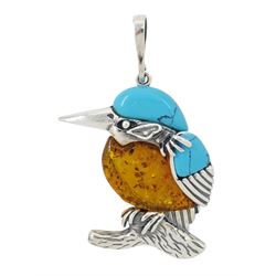 Silver turquoise and Baltic amber kingfisher pendant, stamped 925