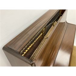 Welmar upright walnut cased, cast iron over strung piano (W145cm, D57cm, H110cm), together with piano stool (W52)