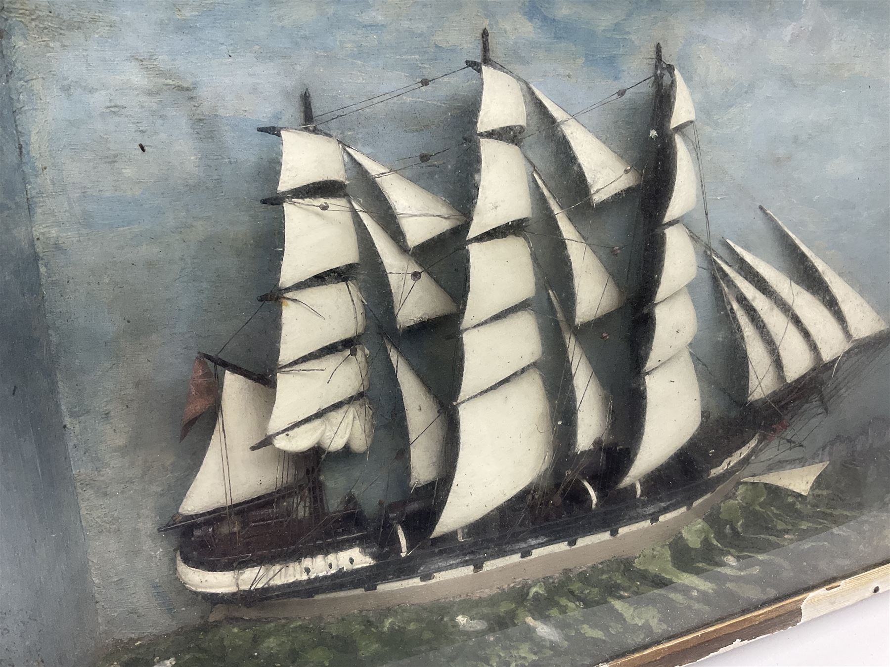 Ship Diorama, three-masted clipper at sea against a painted background, H52cm, L87cm