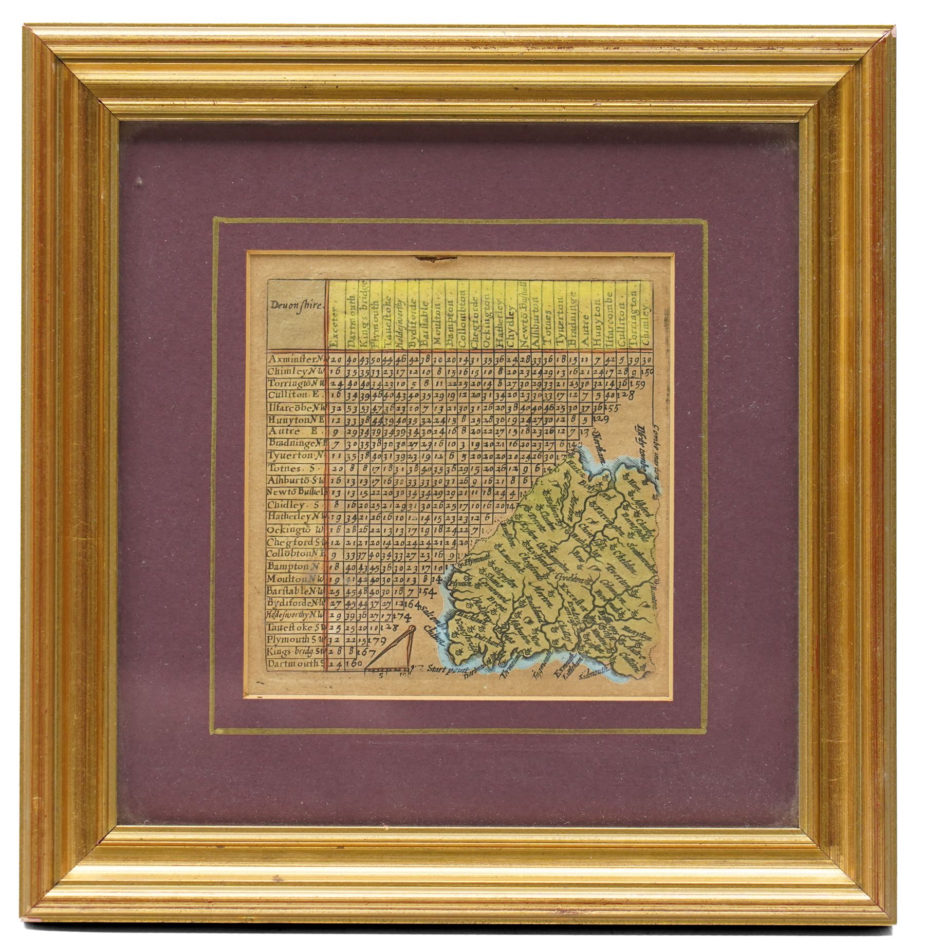 Jacob Van Langeren (Dutch 17th century): 'Devonshire' mileage chart, 17th century engraved map with hand-colouring 11.5cm x 11cm; John Cary (British c1754-1835): 'Devonshire', engraved map 23cm x 28cm (2)