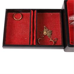 14ct gold ring, 9ct gold jewellery, including fan charm, necklace chain, two pairs of earrings, silver jewellery, including necklace chains, earrings, rings, etc