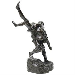 After Jef Lambeaux (Belgian 1852-1908): 'The Wrestlers' (Les Lutteurs), early 20th-century bronze group depicting two Hellenic classically nude male figures engaged in a violent athletic struggle or pankration event, on a naturalistic base signed, H63cm
Notes: the composition may plausibly be interpreted as Hercules and Antaeus, the mythological combat in which Hercules overcomes Antaeus by lifting him from the earth, thereby depriving him of his strength
