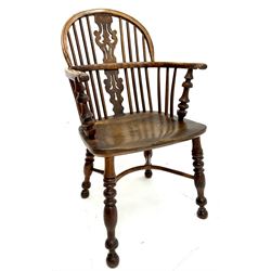 19th century yew and elm low back Windsor chair, scrolling arms, turn supports joined by crinoline stretcher