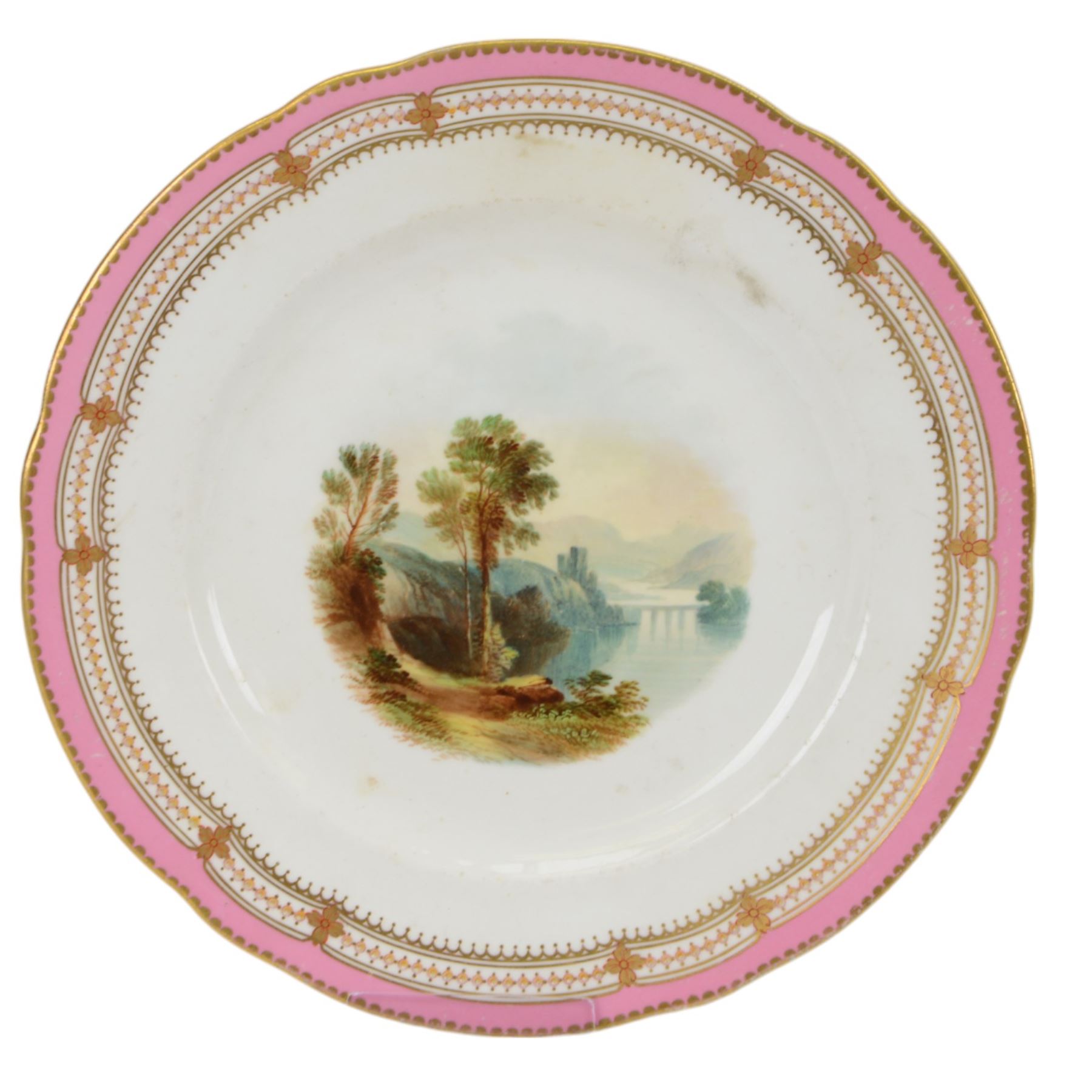 Six 19th century and later cabinet plates, including Royal Doulton example, the central panel decorated a with landscape signed T. Parton 