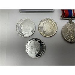 WW2 group of three medals comprising 1939-1945 War Medal, France & Germany Star and 1939-1945 Star; all with ribbons; 1930s Hull Savings Bank silver and enamel presentation fob; three medallions depicting Hitler, Mussolini and Mao Tse Tung; quantity of modern crowns and other coins; and a 6mm Flobert style starting pistol