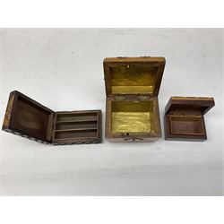 Quantity of hardwood boxes to include walnut example with carved decoration, Eastern examples, marquetry inlaid examples, brass banded oak example etc