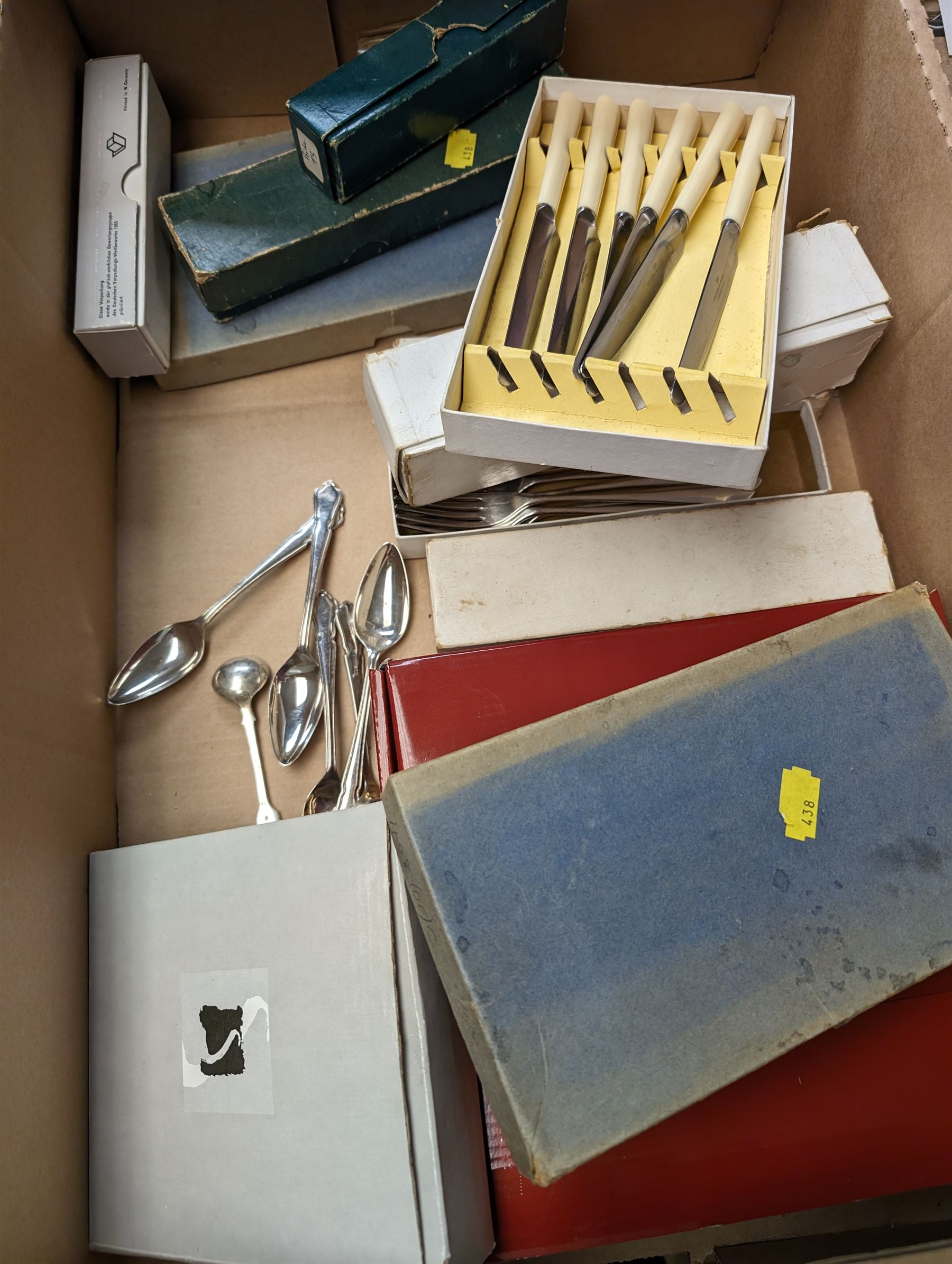 Orrefors glass vase, Walker & Hall silver plated flatware, together with three modern metal wine bottle stoppers, set of six Krysta glasses and other glassware and metal ware, in two boxes