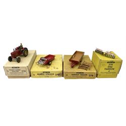 Dinky - trade shop stock box containing three Massey-Harris tractors No.27A; and three others containing four Disc Harrows No.27H; three Manure Spreaders No.27C; and three Harvest Trailers No.27B (4)