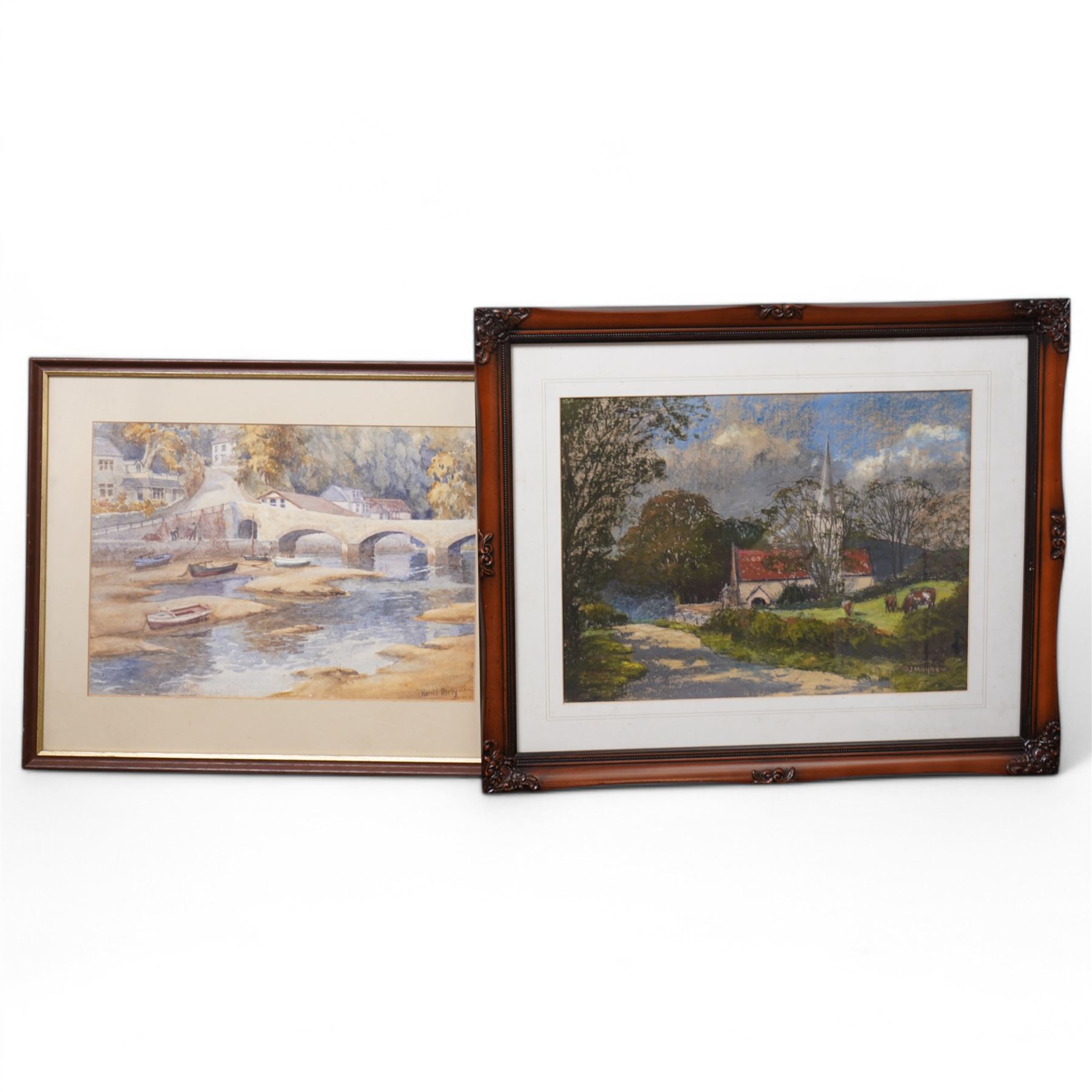 Collection of watercolours, pastel and oils including W B Morrison harbour watercolour (in one box)