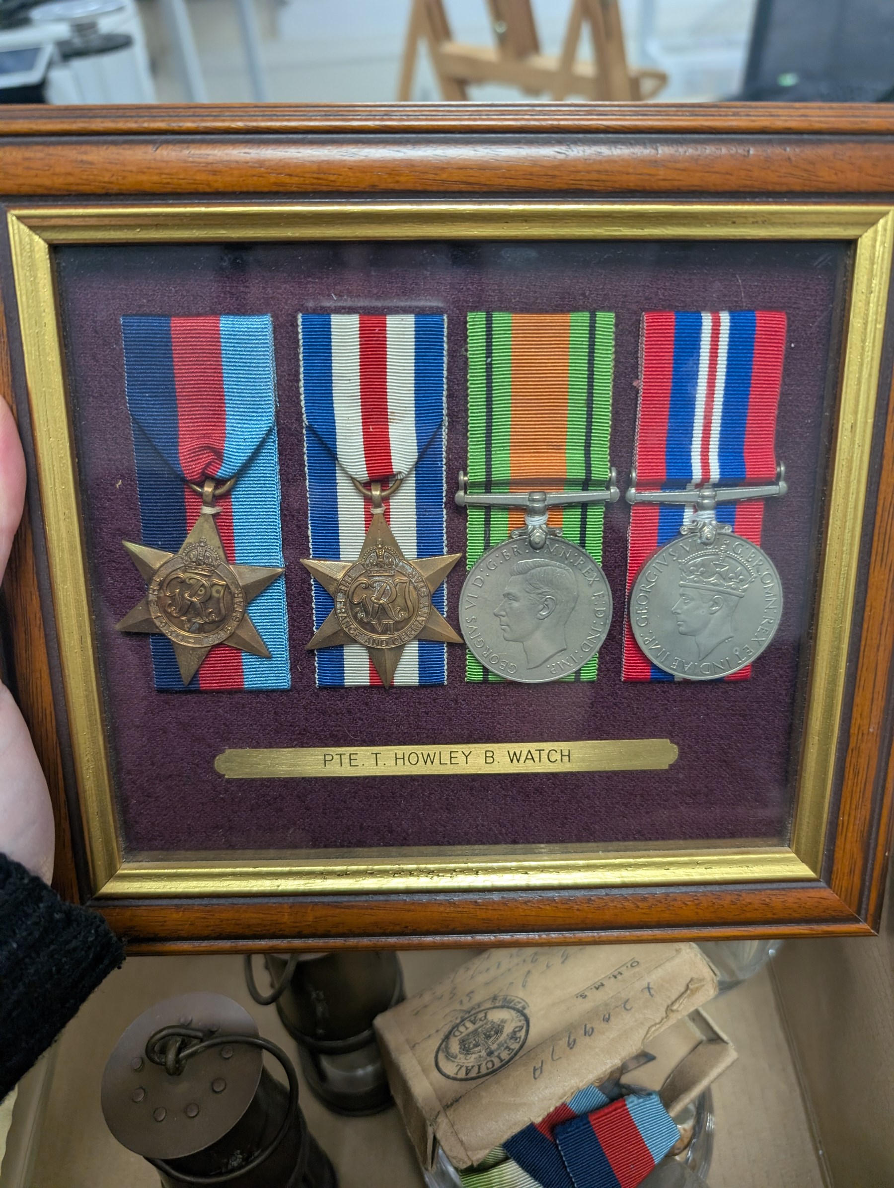 Set four framed WWII medals, further medals and a collection of ceramics and glassware, including Fenton chintz jugs, Minton Haddon Hall pin dish, etc