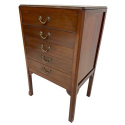 Edwardian mahogany five-drawer music cabinet, moulded top over five drawers with fall fronts, on chamfered square supports 