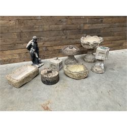 Collection of 9 decorative stone garden objects including sun dial small troughs mill stone and more,