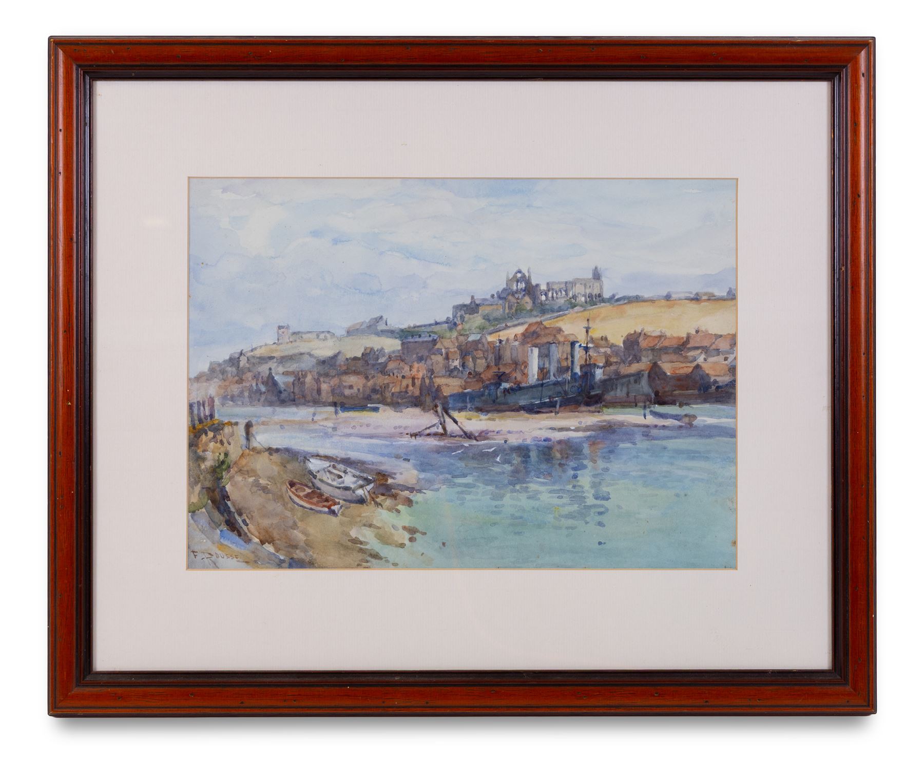 Frank Rousse (British fl.1897-1917): German Battle Cruiser 'Danzig' in Whitby Harbour, watercolour signed 26cm x 37cm 
Notes: Danzig was sold to George Clarkson of Whitby on 17th February 1921 and broken up for scrap between 1921 and 1928. A black and white photograph of the scene viewed from Khyber Pass is reproduced on the reverse of the picture.