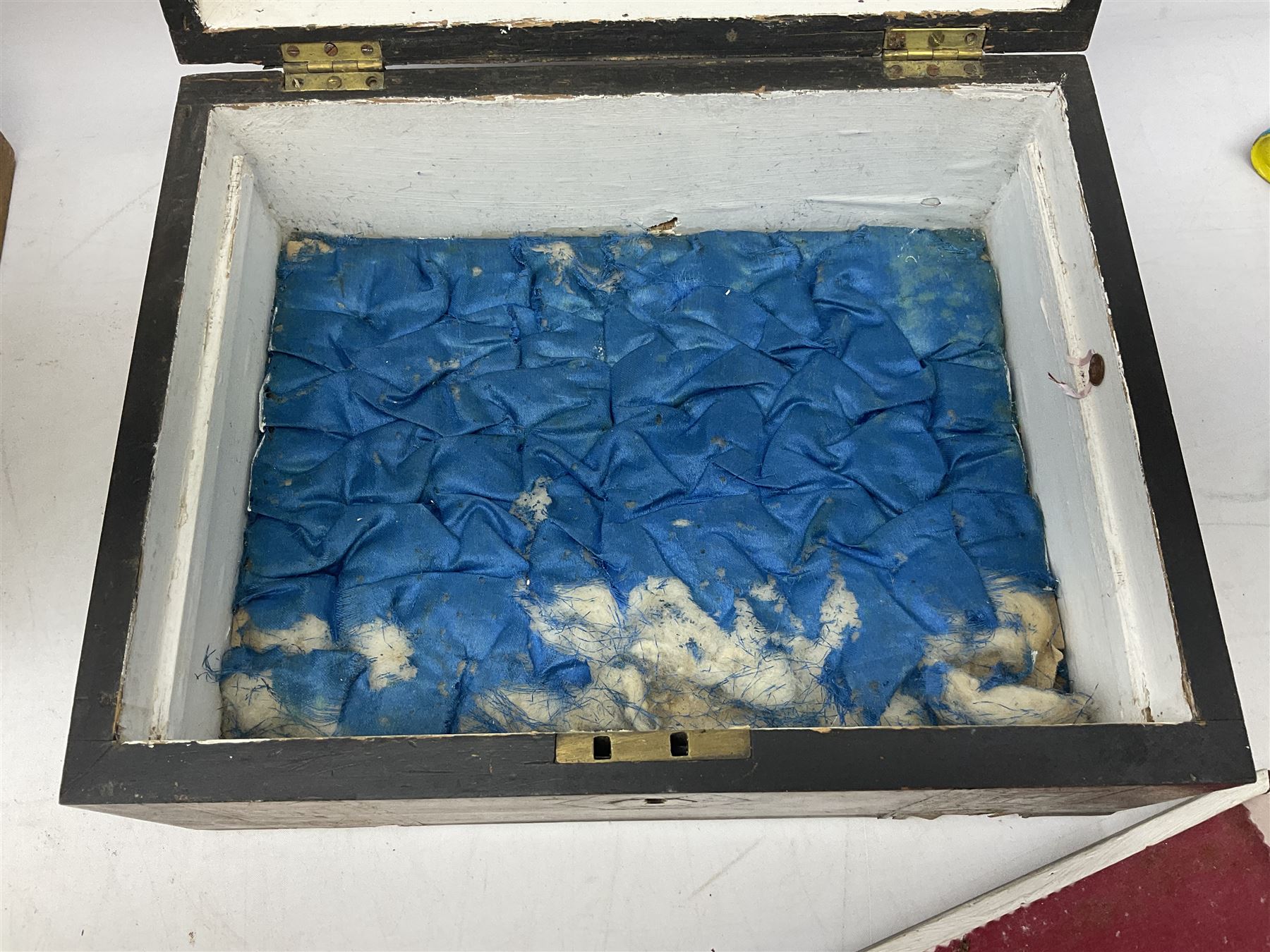 Victorian walnut box with Tunbridge ware banding and mother-of-pearl inlay, W29.5cm H14cm, together with first aid kit box and Group of early 20th century ornate gold plated (tested) and gilt brooch frames and panel fronts