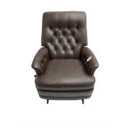 Parker Knoll - modernist three seater sofa, upholstered in button back chocolate leather, on castors (W193cm D95cm H85cm); and matching reclining armchair (W80cm D85cm H93cm)