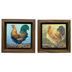 Chris Geall (British 1965-): Chickens, pair impasto oils on board signed 15cm x 15cm