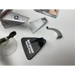 Thirteen unboxed Corgi Aviation Archive or similar die-cast models of aircraft, most with stands; Airfix 1:72 scale construction kit for BAe Harrier GR3; and two boxed Shell Collection die-cast models of cars