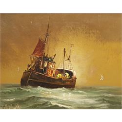 Peter Gerald Baker (British 20th century): Hauling the Nets in at Sea, oil on canvas signed 39cm x 49cm
