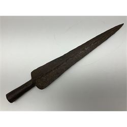 19th century continental folding knife with 15.5cm single edged blade, the pierced brass and iron handle with remains of horn grips L21.5cm overall closed; turned horn handled knife with foliate engraved blade; battlefield relic German 1884/98 knife bayonet; iron spear head; leather covered swagger stick; and two-piece gun cleaning rod