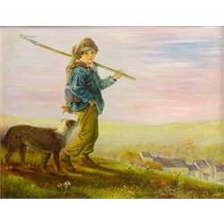  Boy with Dog and Hare and Boy with Geese, two 20th century oils on canvas unsigned 39cm x 49cm (2)  