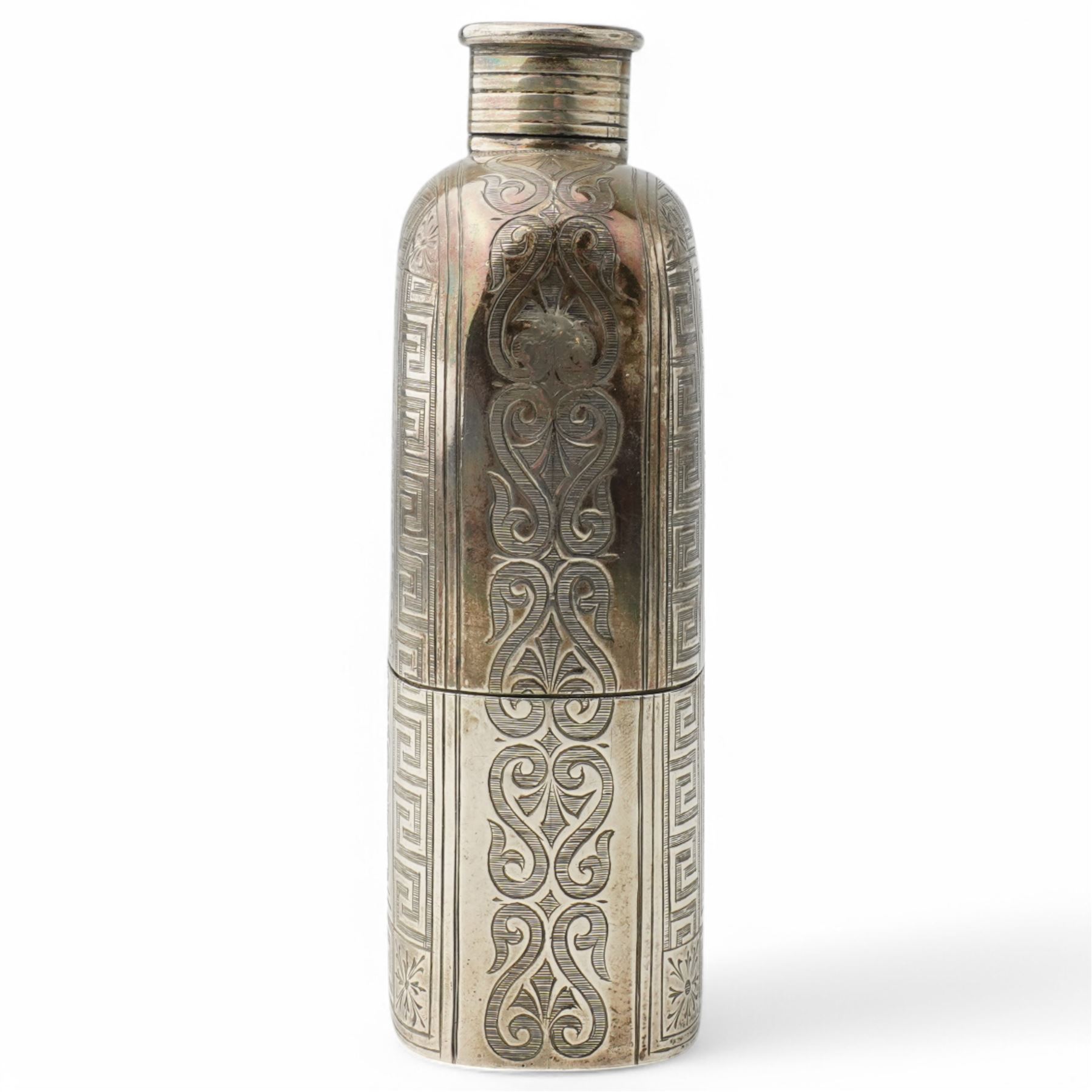 Victorian silver hip flask engraved with scrolls and vacant cartouche within a key pattern border, screw off cap 12cm Birmingham 1862 Maker Henry Hyde Aston