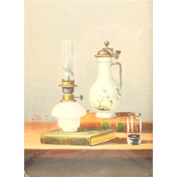 Jolley (20th century): Still Life with Jug and Lamp, oil on copper indistinctly signed, indistinctly inscribed verso 17cm x 12cm