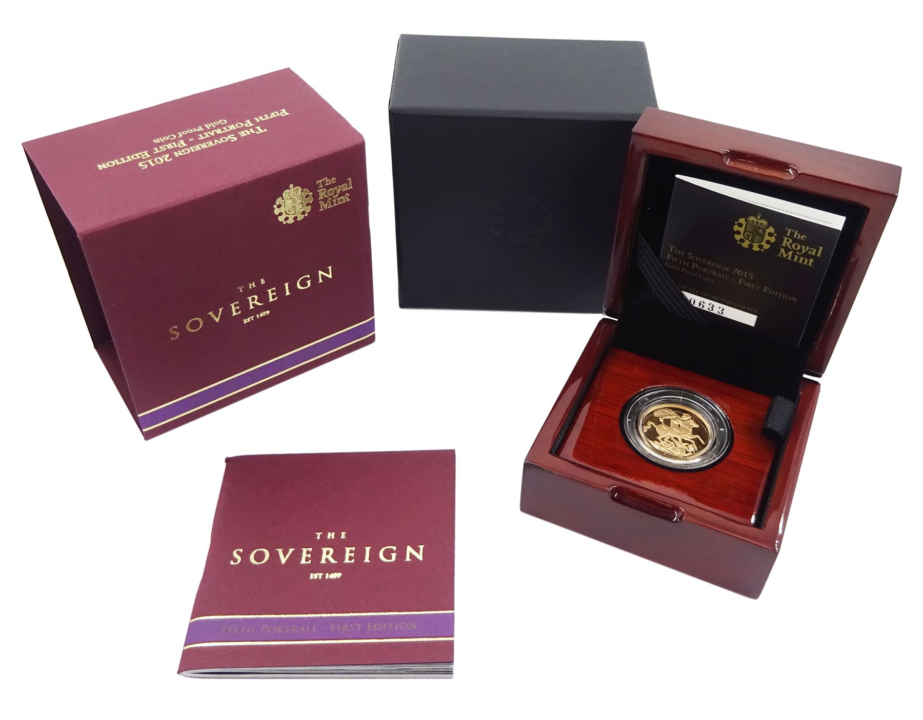 Queen Elizabeth II 2015 gold proof full sovereign 'Fifth Portrait - First Edition' coin, cased with certificate