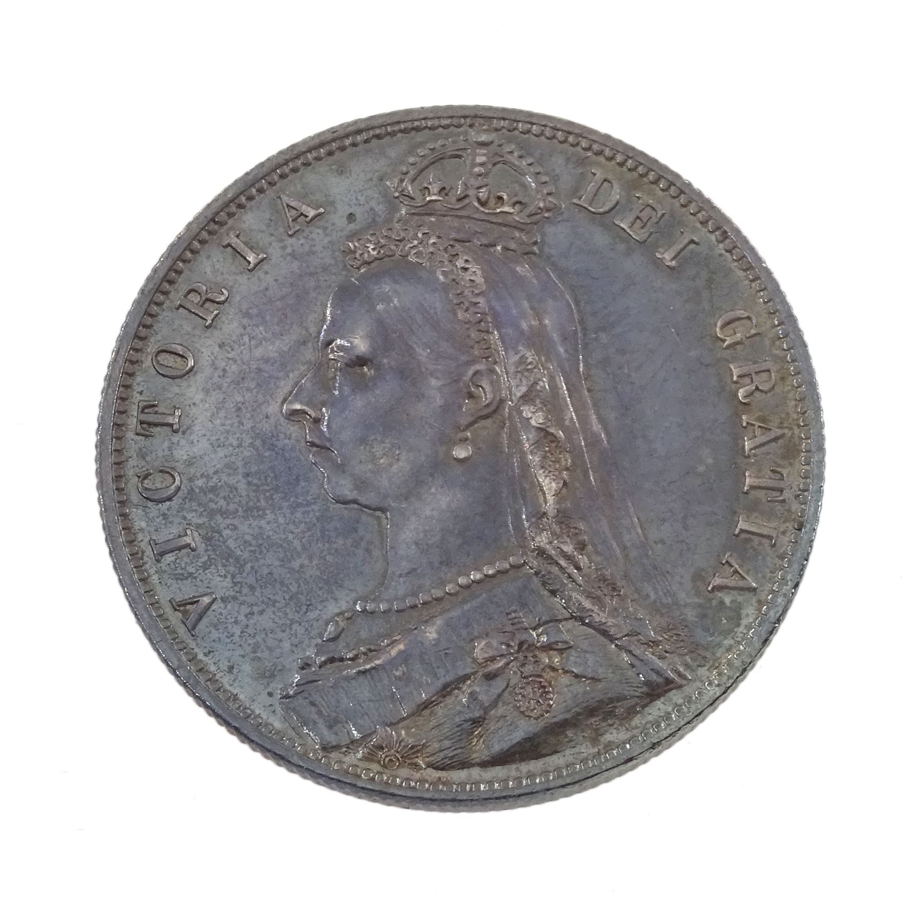 Queen Victoria 1887 specimen coin set, comprising gold half sovereign, sovereign, two pounds and five pounds, silver threepence, sixpence, shilling, florin, halfcrown, double florin and crown, housed in purple velvet case
