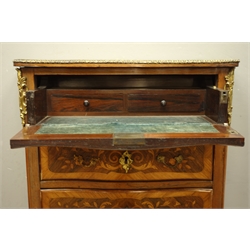 20th century French ormolu mounted and inlaid kingwood serpentine front secretaire chest of three drawers with fall front top drawer and shaped apron on angular cabriole legs with sabots, W74cm, H87cm, D35cm  
