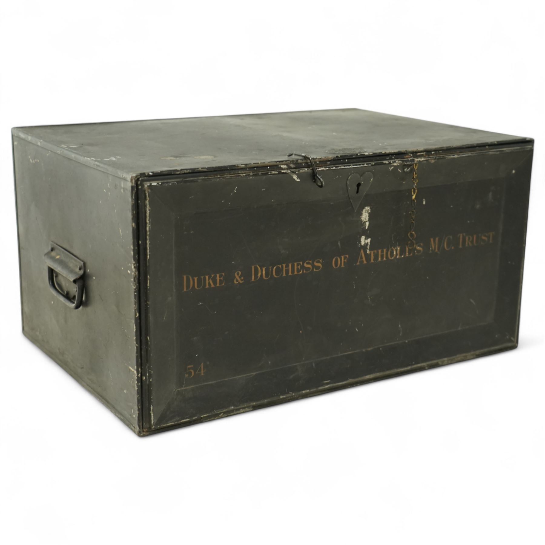 19th-century painted steel document box, front opening with shelf and side-mounted carrying handles, with maker's stamp for John Kelly & Son, Edinburgh, painted in gold lettering, 