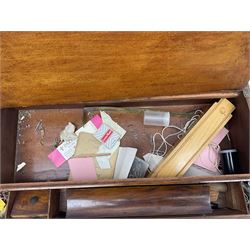 Mahogany brass bound writing box for restoration, the hinged lid lifting to reveal compartmented interior with folding slope, W50cm D25cm H18cm