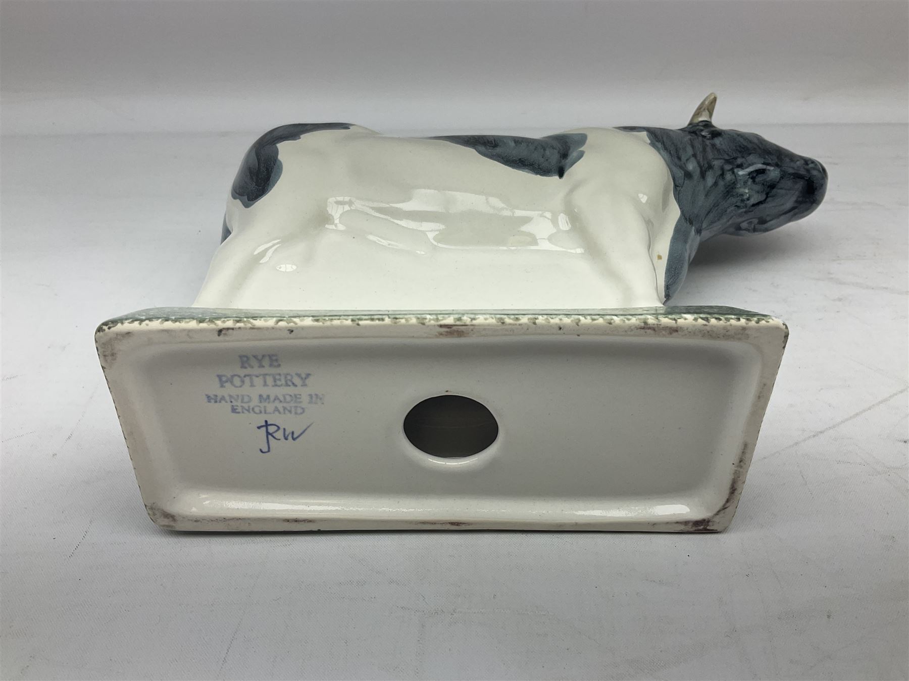 Six Rye Pottery figures, comprising, jumping fox, squirrel upon a branch, billy goat, bull, chicken and cockerel  