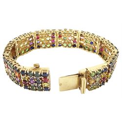 9ct gold sapphire, ruby and diamond bracelet, vari-cut blue fancy coloured sapphires, oval cut rubies and round brilliant cut diamonds, Birmingham 2006