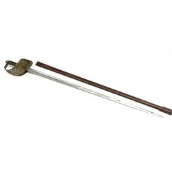 George V 1897 pattern army officer's sword the 82.5cm etched blade by Flights Ltd London, Winchester, Aldershot & Camberley, nickel plated pierced hilt and wire bound fish-skin grip, in leather scabbard, L101cm overall