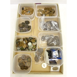  Quantity of British coins including George III pennies, 1990 five pound coin, Queen Victoria pennies etc in one box  