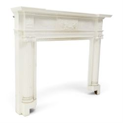 Large Adam's design white painted Neoclassical fire surround, the frieze moulded with goddess and cherubic motifs with bellflower festoons, egg-and-dart moulded inner slip flanked by Ionic capitals on classical columns