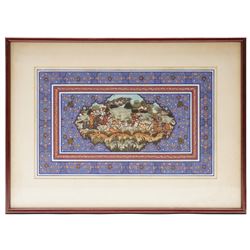 Four Mughal school watercolours, one pair depicting a couple upon thrones, an elephant procession and warriors in battle, largest 23cm x 38cm (4)