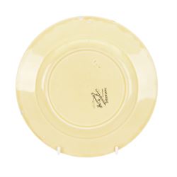 Clarice Cliff Orange Trees & House pattern side plate circa 1931, hand painted with a stylised tree and cottage landscape with orange and black banding, with printed mark beneath, together with a Clarice Cliff Spring Crocus pattern side plate, with printed mark beneath, largest D20cm  