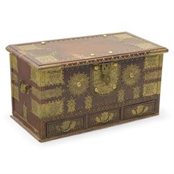 Early 20th century brass-mounted hardwood chest, the hinged top and front richly decorated...