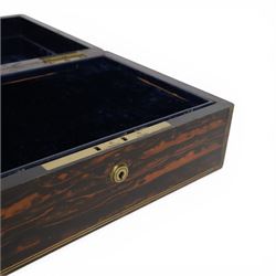 19th century brass mounted coromandel wood box, the hinged lid with inlaid cartouche with initials to the centre, opening to reveal two removable velvet lined trays 