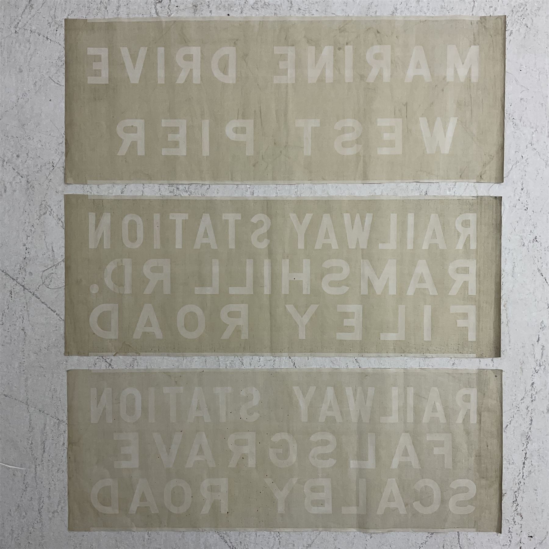 Three mid 20th century Scarborough bus destination blind sections, 'Railway Station, Falsgrave, Scalby Road', 'Marine Drive, West Pier' and 'Railway Station, Ramshill RD, Filey Road', each L78cm H30cm