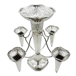 Early 20th century silver four branch trumpet epergne, removable posy holders and pierced fretwork by R F Mosley & Co, Sheffield 1918

[image code: 7mc]