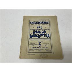 Three European concertinas, comprising Viceroy German concertina with 21 keys, hexagon wooden frame and 8 fold bellows
Oak framed concertina with 12 keys and 8 fold bellows
Commander concertina with 12 keys and 12 fold bellows
With tutor